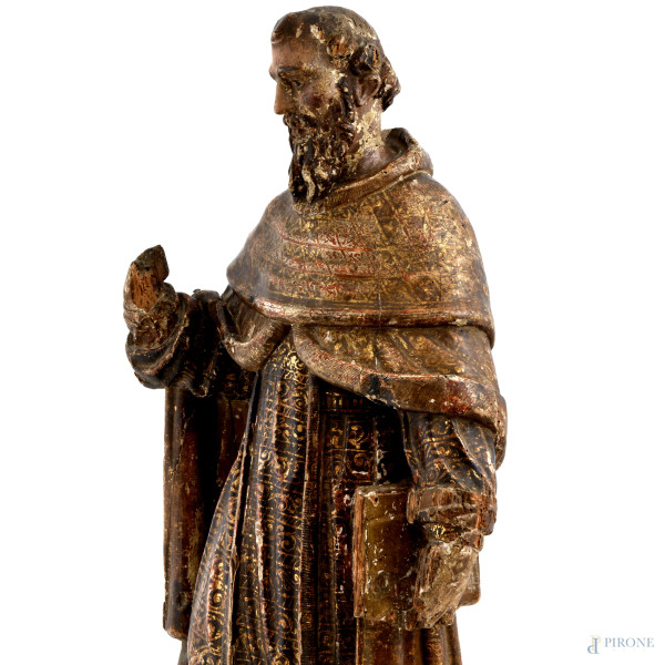 Scultura in legno dipinto e dorato raffigurante Santo, XVIII secolo, altezza cm 77, (cadute di co...