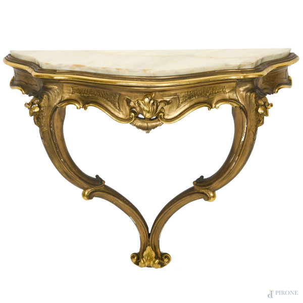 Consolina in legno dorato con piano in marmo, XX secolo, cm 69x78x28, (segni di usura, scalfiture, perdita di doratura, difetti)