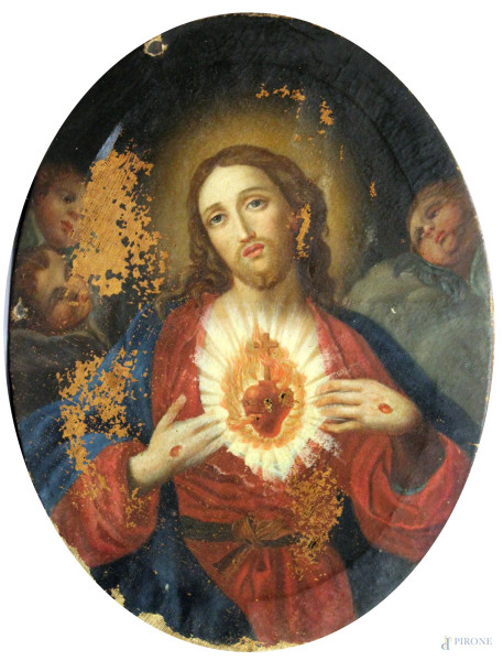 Sacro cuore, olio su tela, 54x41 di linea ovale XIX sec.