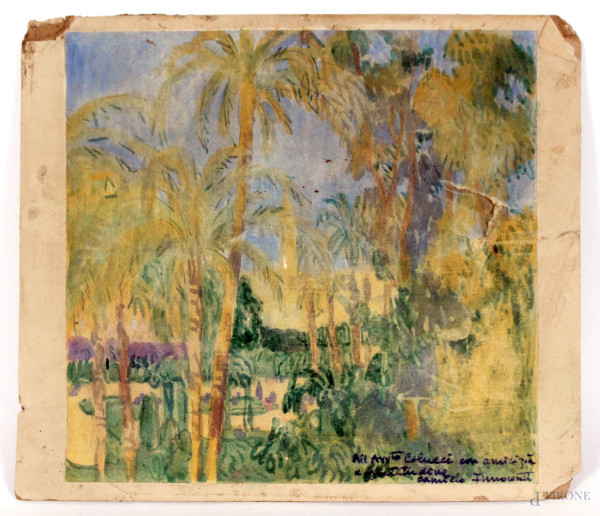 Giardino in Cairo, acquarello su carta, cm. 21x22, a firma Camillo Innocenti, (difetti sulla carta).