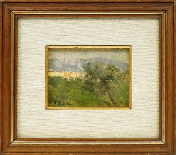 Paesaggio con albero e case, olio su tavola, cm 7,5x10, firmato, entro cornice