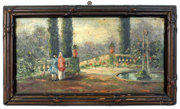 Villa con fontana e figure, olio su tavola, cm. 20x38, firmato, con dedica al retro, entro cornice.