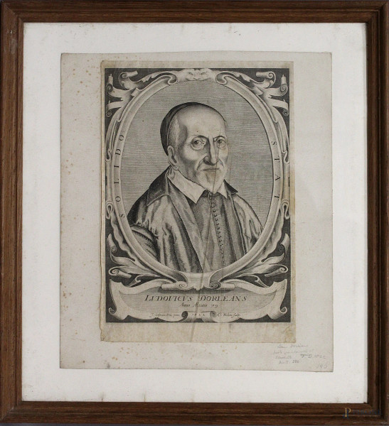 Antica stampa a soggetto di Ludovico D'Orleans 32x20 cm, entro cornice.