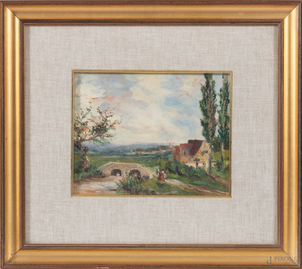 Paesaggio con ruscello, XX secolo, olio su tavoletta, cm 20x24,5, firmato in basso a destra, entro cornice