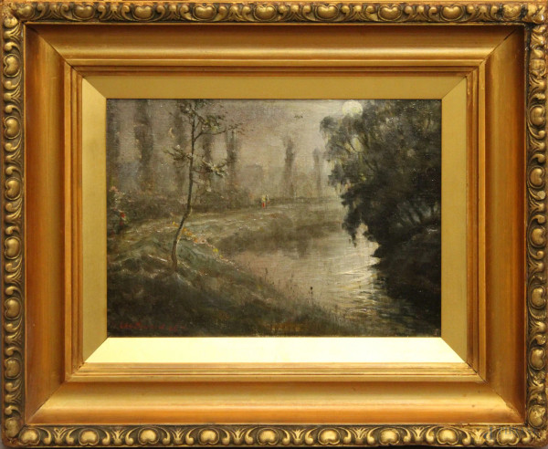 Paesaggio fluviale, olio su tela cm 28x21, firmato e datato in basso a sinistra, entro cornice. 