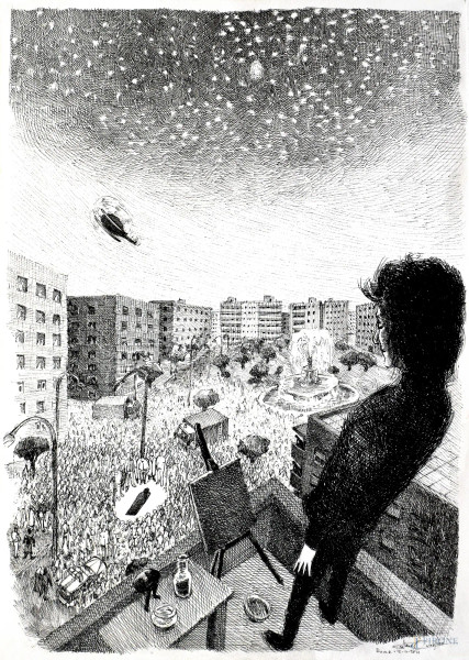 Cristiano Quagliozzi - Composizione fantastica, 2012, inchiostro su carta, cm 30x43, firmato