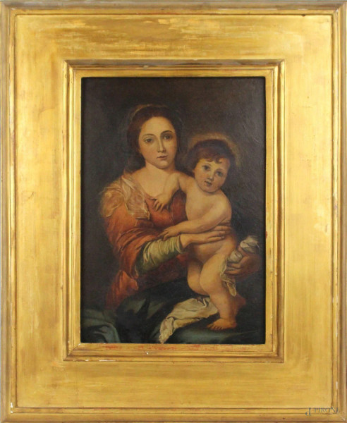 Da Murillo, Madonna con Bambino, olio su tavola, cm 39x27, XX secolo, entro cornice