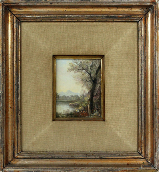 Giuseppe Cafaro - Paesaggio lacustre, olio su tavola, cm 10x8, entro cornice