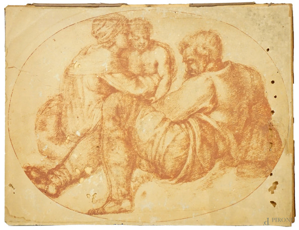 Studio di Sacra Famiglia, stampa da Michelangelo, cm 27,5x37, "F.lli Alinari Soc.An. Firenze - Disegni dei Grandi Maestri", (difetti).