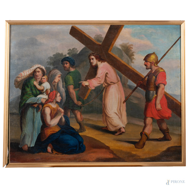 Gesù parla alle donne piangenti, XVIII secolo, olio su tela, cm 80x100, entro cornice, (segni di usura, piccola fessurazione)