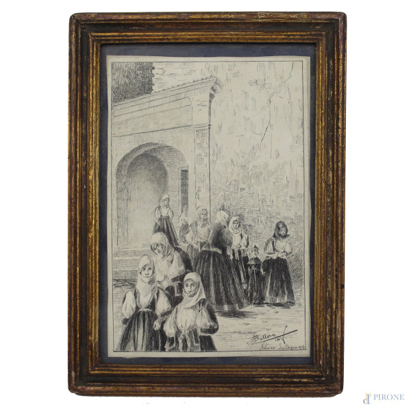 Esterno con figure sarde, china su carta, cm 14,5x10, firmato A.Ballero, datato 1903, entro cornice.