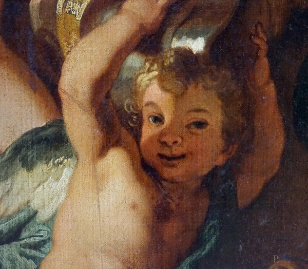 Venere chiede a Vulcano di forgiare l’armatura di Enea, olio su tela, cm 143x111 circa, entro cor...