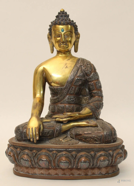 Budda, scultura in bronzo, poggiante su base in rame, arte orientale, XX sec.