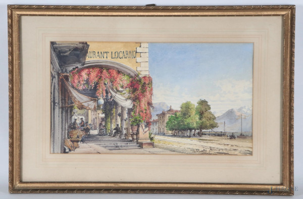 Veduta di Locarno, XX secolo, acquerello su carta, cm 30x47 compreso passepartout, firmato in basso a destra, entro cornice, (segni di usura, ondulazioni della carta)