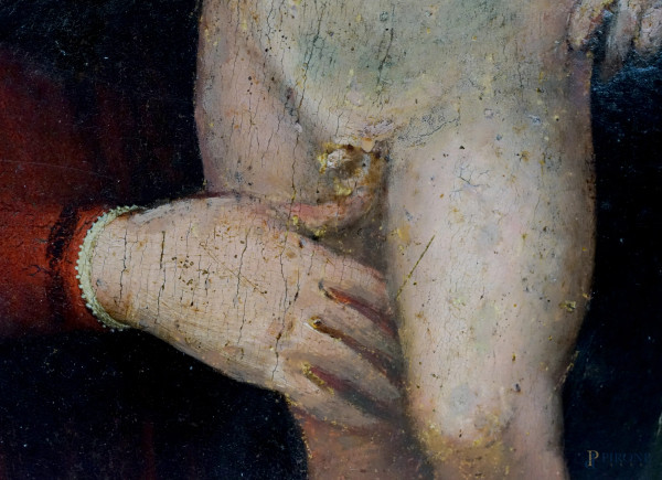 Pittore italiano del XVI secolo, Sacra famiglia, olio su tavola, cm 34,5x23, (difetti e restauri)...