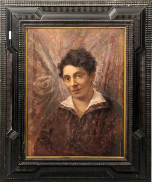 Ritratto di donna, olio su tela riportato su compensato, 64x50 cm, entro cornice, inizi XX sec.