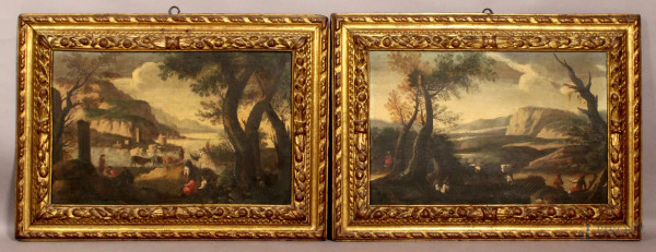 Pittore del XVII sec, Coppia di paesaggi con figure, olio su tela cm. 43x66, entro cornici coeve.