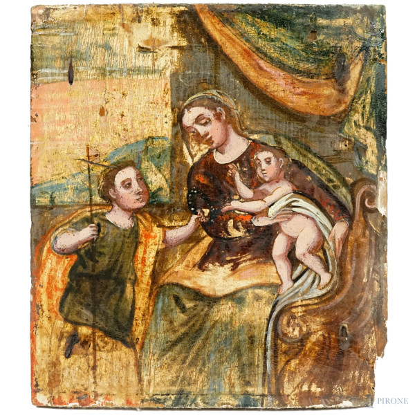 Scuola Veneto-cretese, Madonna con Bambino e San Giovannino, olio su tavola, cm 28x24,8, (cadute di colore)