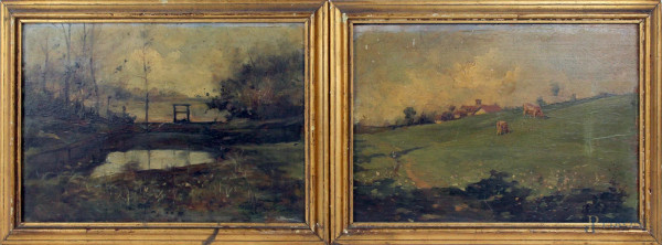 Coppia di paesaggi, olio su tavola, cm. 22x31,5, firmati, entro cornici.