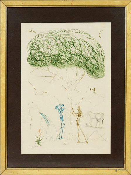 Sotto il pino parasole, multiplo su carta, cm 44x30, es. XXIV/XXV, firmato Salvador Dalì, con timbro a secco "Tempio dell'arte", entro cornice.