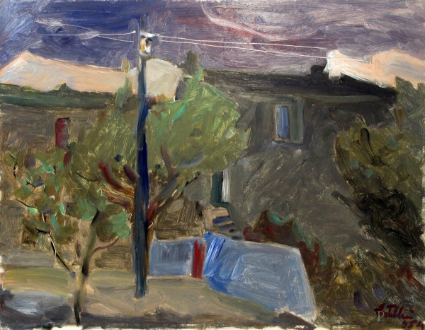 Scorcio di paesaggio con palo elettrico, olio su masonite, cm 50x64,5, XX secolo, entro cornice.