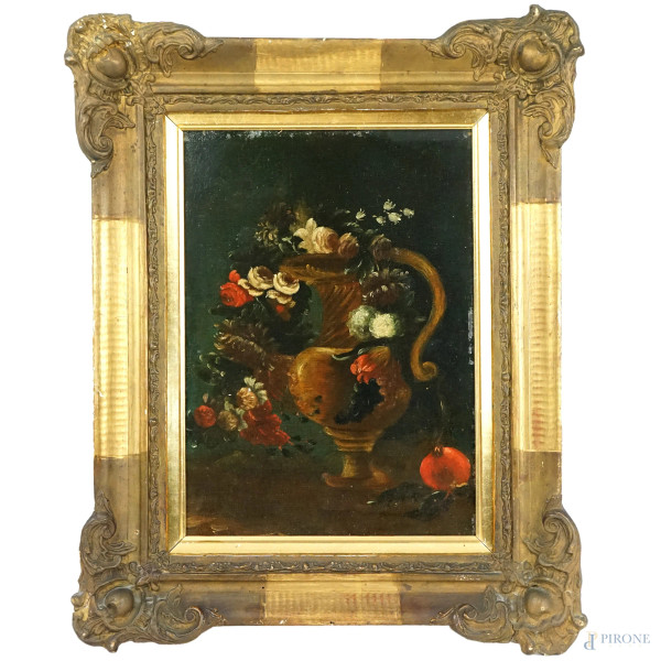 Vaso con fiori, olio su tela, cm 34x24,5, XIX secolo, entro cornice, (lievi difetti).