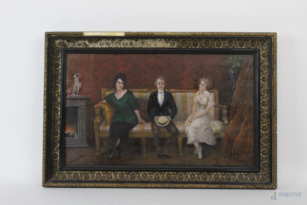 Interno con figure sul divano, olio su tela, cm 30x50, inizi XX secolo, entro cornice