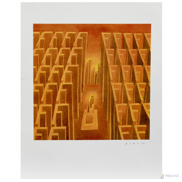 Riproduzione fotolitografica dell'opera di Jean Michael Folon "Lettera F", eseguita per la serie Alfabeto di Bolaffi Arte, cm 30x23,5