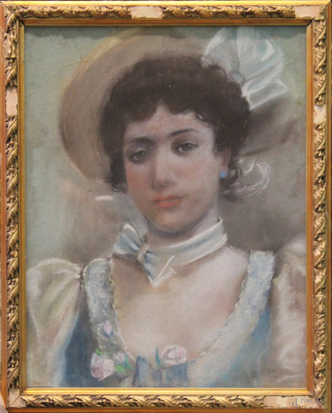 Ritratto di gentildonna, disegno a pastello su carta 35x45 cm, entro cornice firmato De Santis