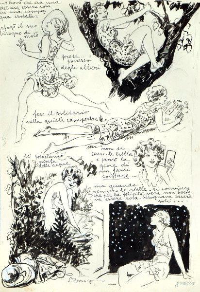 Luigi  Bompard - Figure femminili con didascalie, tecnica mista su carta, cm 29x22,5, (lievi difetti sulla carta).