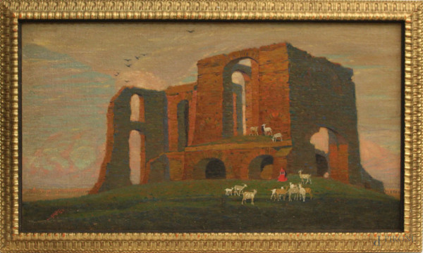 Campagna romana con rovine, pastorella e gregge, olio su tela cm. 50x90, siglato, entro cornice.