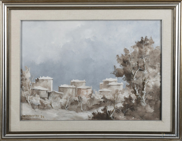 Paesaggio con case, XX secolo, tecnica mista su tela, cm 50x70, firmato e datato in basso a sinistra, entro cornice