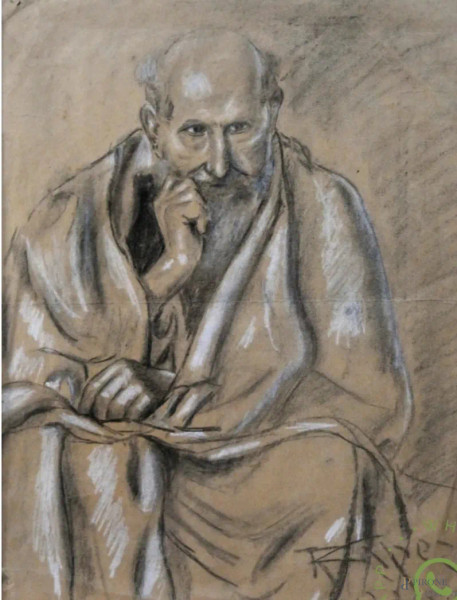 Renzo Capezzuoli (1909-1966), Ritratto di anziano Filosofo, 1930, tecnica mista su cartoncino cm ...