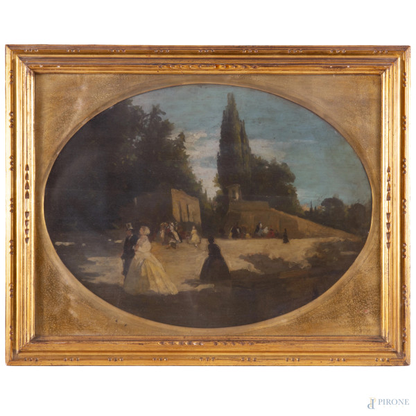 Piazza con figure, XIX secolo, olio su tavola a serto ovale, cm 50x66, entro cornice, (fessurazioni del supporto)