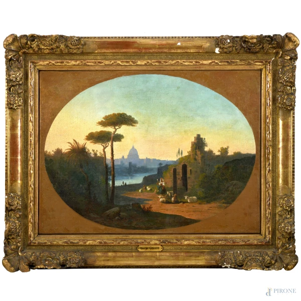 Scorcio romano, olio su tela, cm 52x70 entro cornice con antico cartellino "G.Giraud", XIX secolo