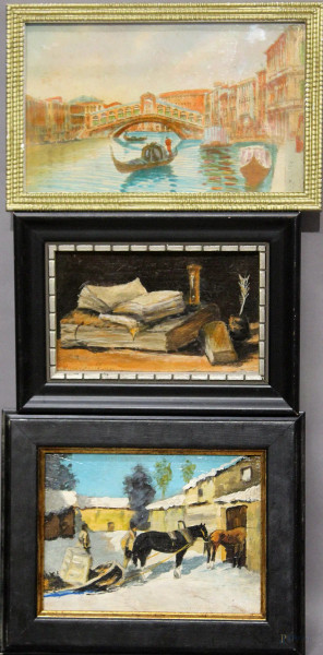 Lotto di tre dipinti ad olio su cartone e olio su tavola  a soggetti e misure diverse, misura max 20x15 cm