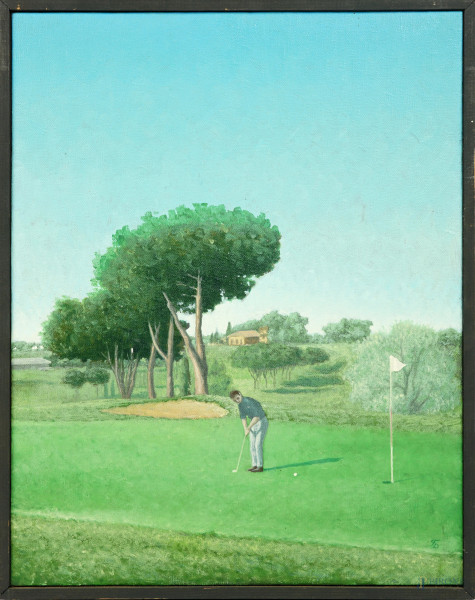 Partita a golf, olio su tela, cm 45x35, siglato in basso a destra TD