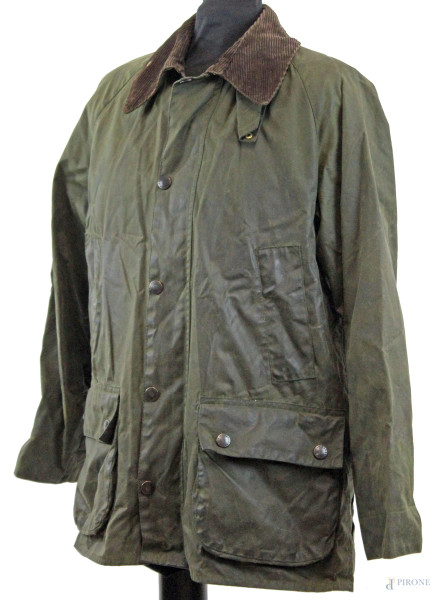 Barbour, giacca da uomo verde con interno sfoderabile, colletto marrone in corduroy, chiusura con zip e bottoni, taglia 97 cm.