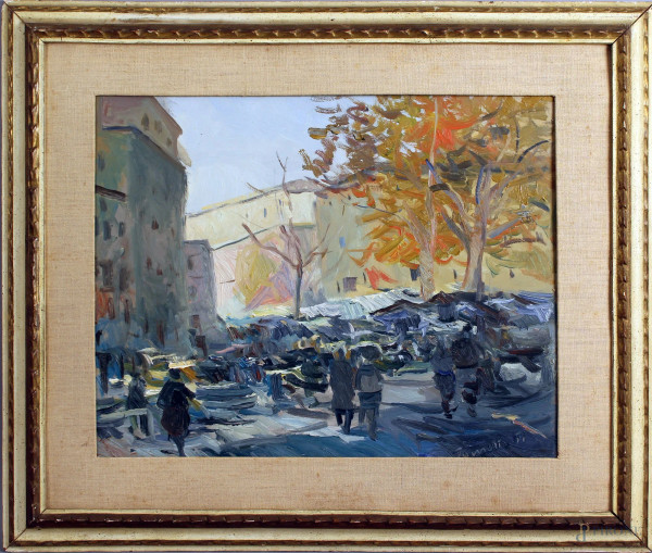 Scorcio di piazza  con figure, olio su tavola, cm. 40x50, firmato entro cornice.