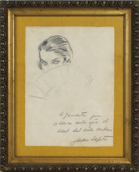 Sivigliana con ventaglio, matita su carta, cm 23,5x17, dedica e firma in basso a destra, XX secolo, entro cornice.