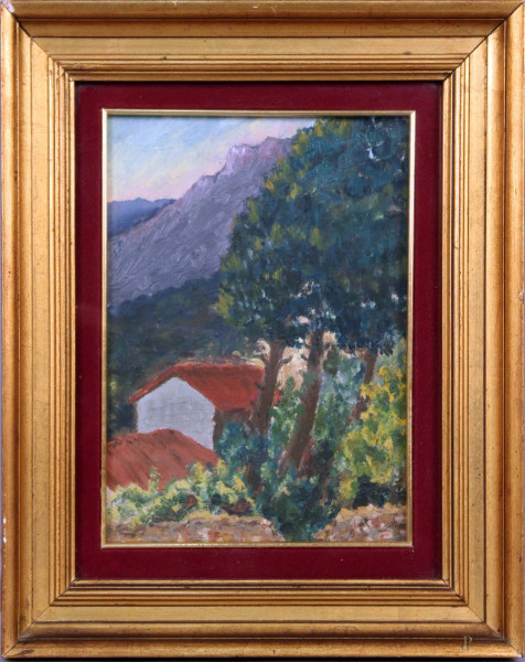 Paesaggio con case, olio su tavola, cm. 24x17, entro cornice.