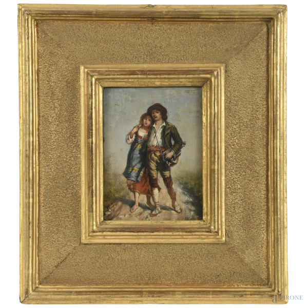 Gli innamorati, XIX secolo, olio su tavoletta, cm 16x11,5, firmato in basso a destra, entro cornice, (lievi e superficiali segni di usura del tempo)