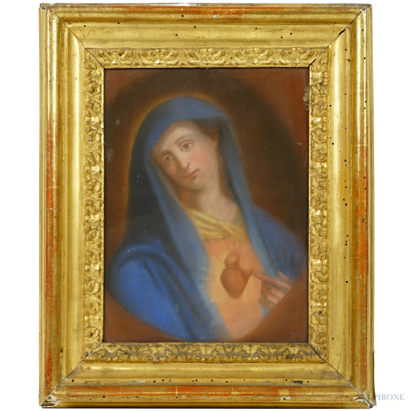 Madonna del Sacro Cuore, pastello su carta, cm 30x22,5, XVIII-XIX secolo, entro cornice, (difetti).