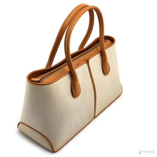 Borsa in tessuto e pelle Tod's con doppia tracolla, cm 20x34,5x14