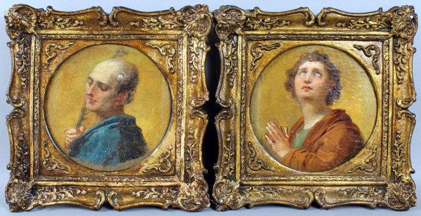 Coppia dipinti raffiguranti Santi, olio su carta applicata su tavola, cm. 16x16, XIX secolo, entro cornici.
