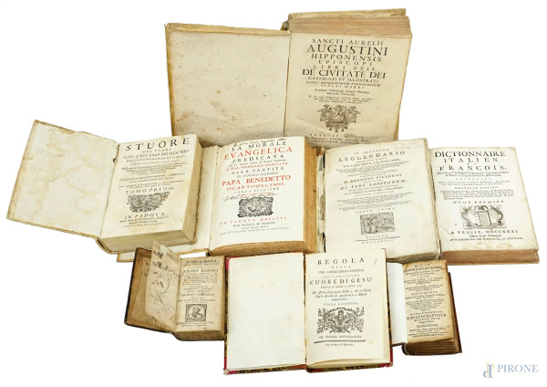 Lotto di otto volumi d'argomento religioso del XVIII secolo, (difetti, macchie e pagine recise).