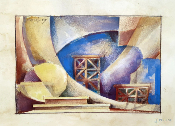 Arte russa, Composizione cubo futurista del Maestro Aalim Petrov (XX sec.), raffigurante veduta di interno futurista, tecnica mista su cartoncino, cm 21x29 firmato in caratteri cirillici
