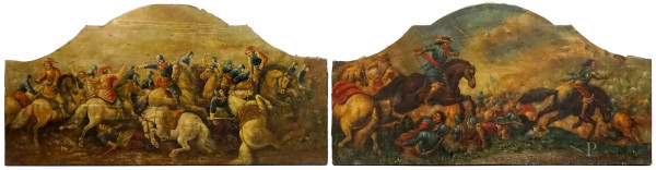 Battaglie, coppia di sovrapporte dipinte ad olio su tela, cm 60x120,5, XX secolo, (difetti).
