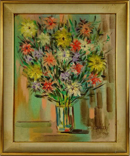 Vaso con fiori, olio su masonite, cm 50,5x40, firmato e datato L.Biccari 1960, entro cornice