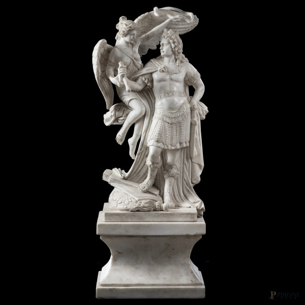 Scultura in marmo raffigurante Apoteosi di Carlo VI (da Georg Raphael Donner, 1693-1741), XX secolo, altezza cm 94, (segni di usura, scalfiture)